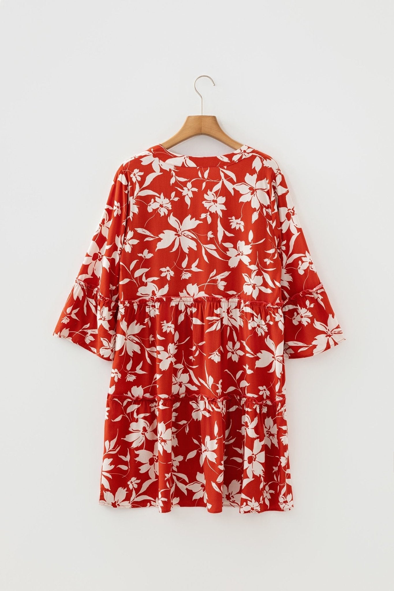 Boho Floral Lettuce Trim 3/4 Sleeve Mini Dress - Rooted & Reckless Co.