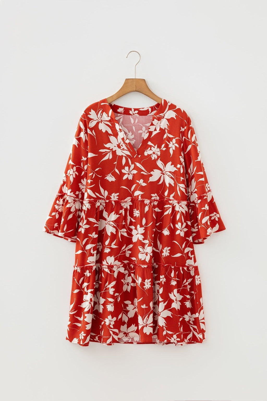 Boho Floral Lettuce Trim 3/4 Sleeve Mini Dress - Rooted & Reckless Co.