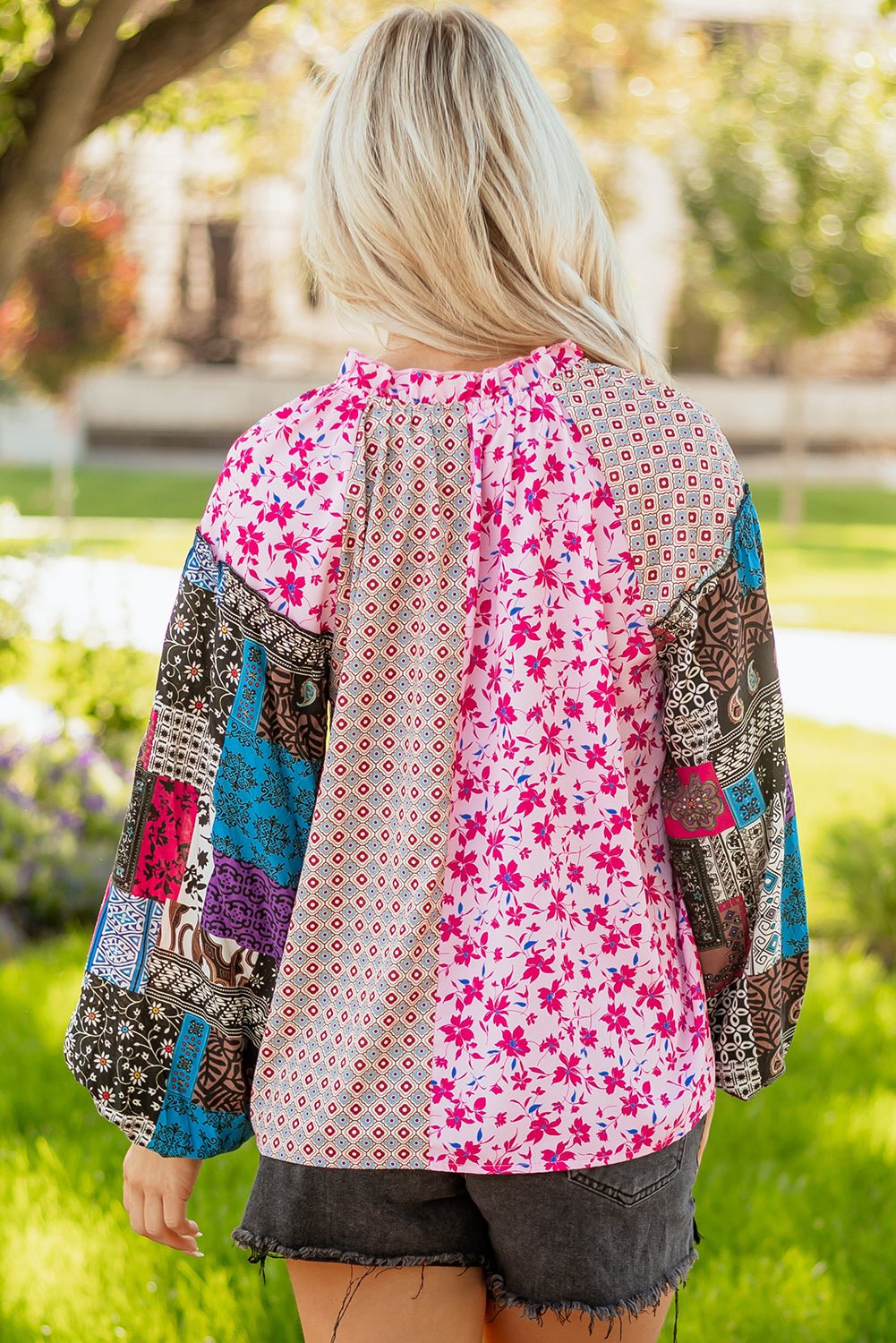 Boho Floral Patchwork Bubble Sleeve Blouse - Rooted & Reckless Co.