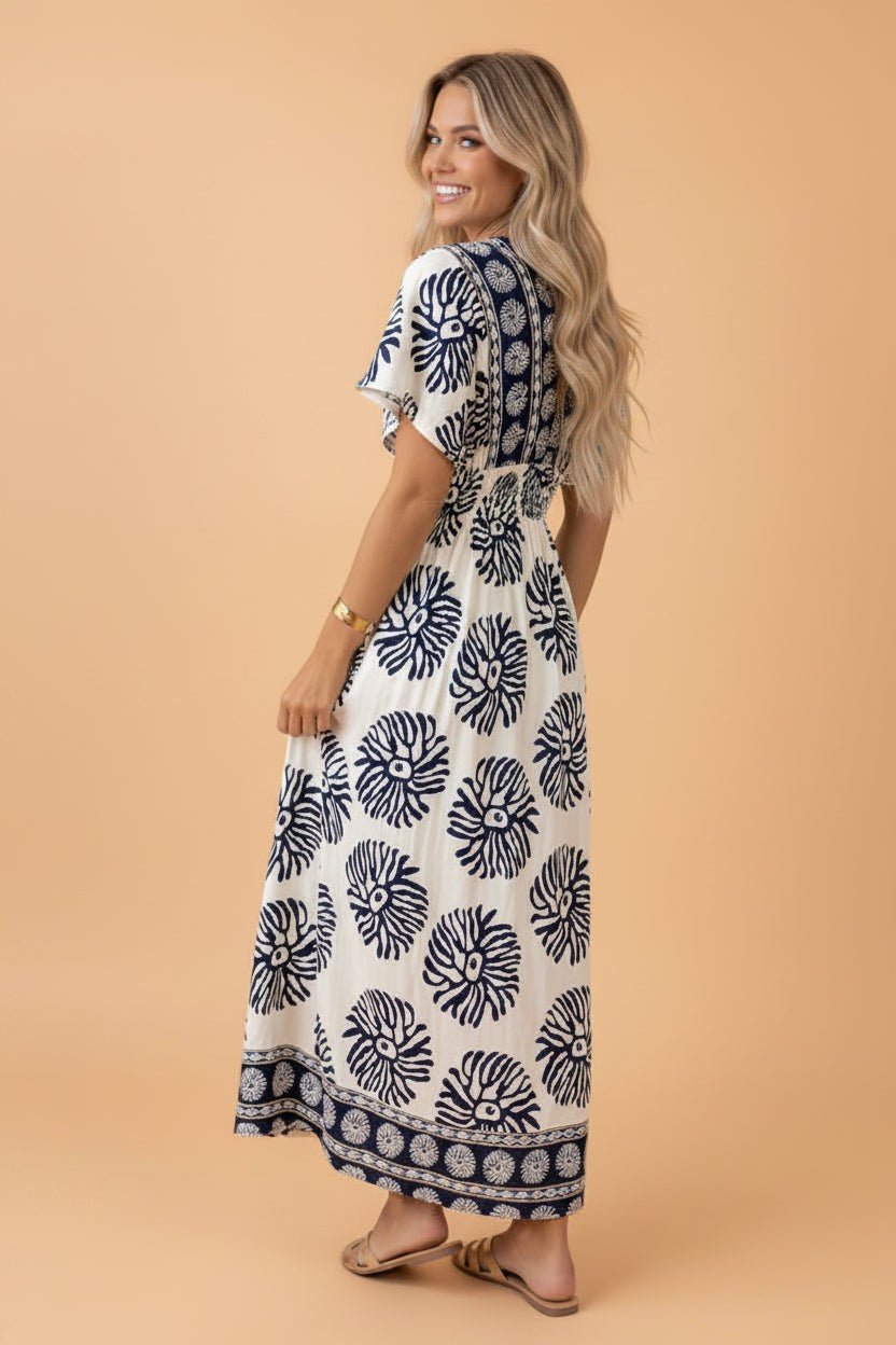 Boho Floral Patchwork V-Neck Dolman Maxi Dress - Rooted & Reckless Co.