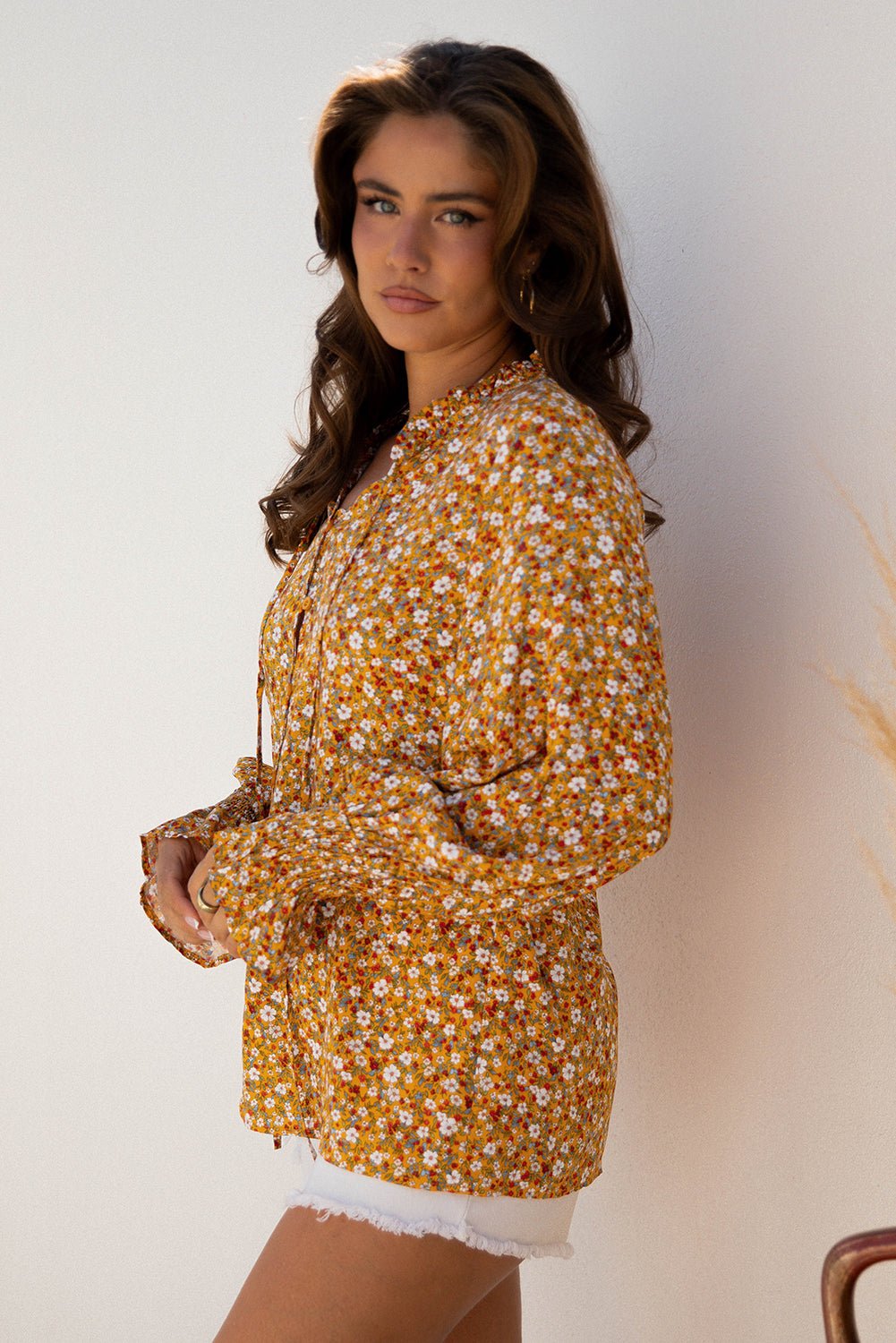 Boho Floral Ruffle Bubble Sleeve V-Neck Blouse - Rooted & Reckless Co.