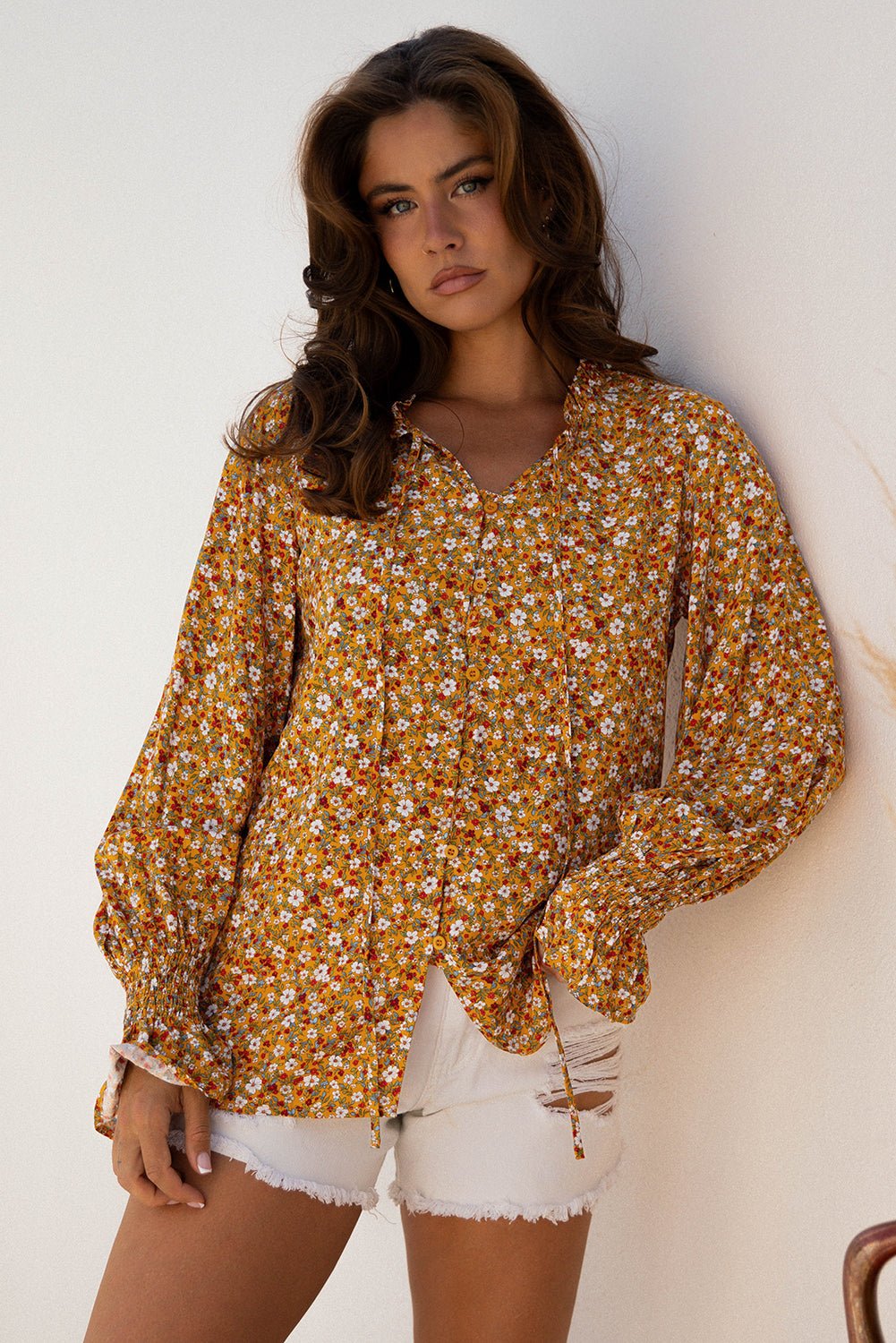Boho Floral Ruffle Bubble Sleeve V-Neck Blouse - Rooted & Reckless Co.