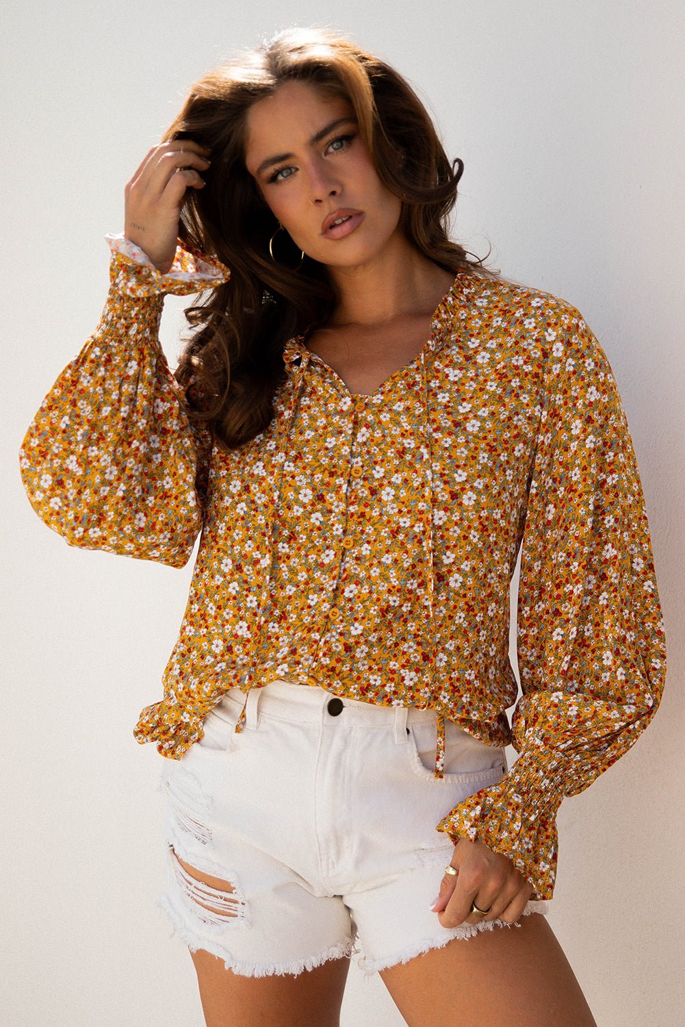 Boho Floral Ruffle Bubble Sleeve V-Neck Blouse - Rooted & Reckless Co.