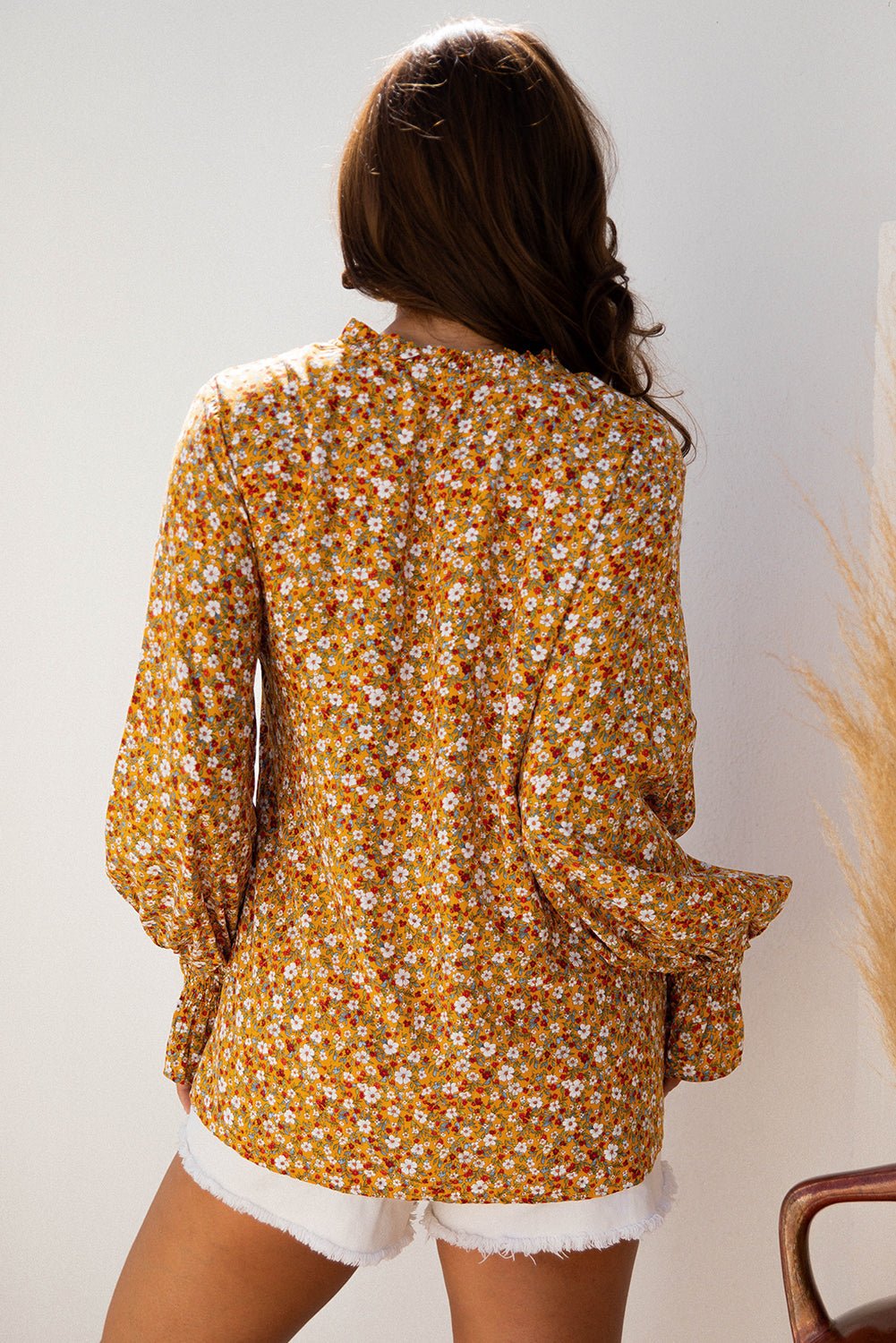 Boho Floral Ruffle Bubble Sleeve V-Neck Blouse - Rooted & Reckless Co.