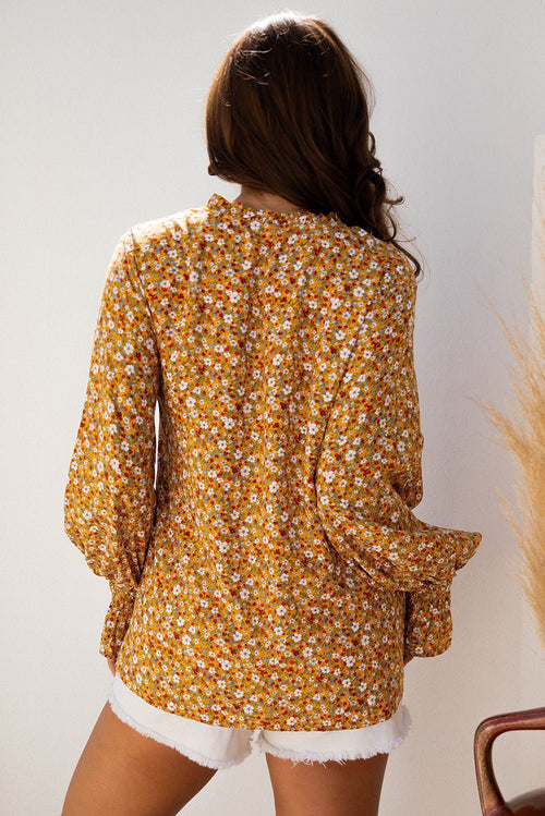 Boho Floral Ruffle Bubble Sleeve V-Neck Blouse - Rooted & Reckless Co.