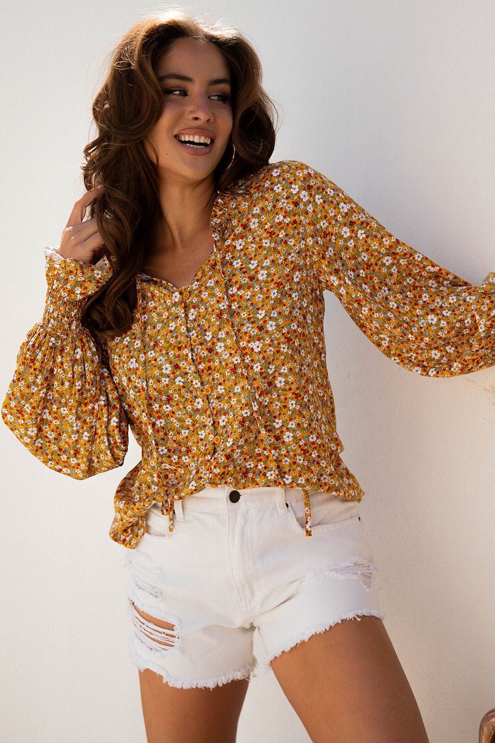 Boho Floral Ruffle Bubble Sleeve V-Neck Blouse - Rooted & Reckless Co.