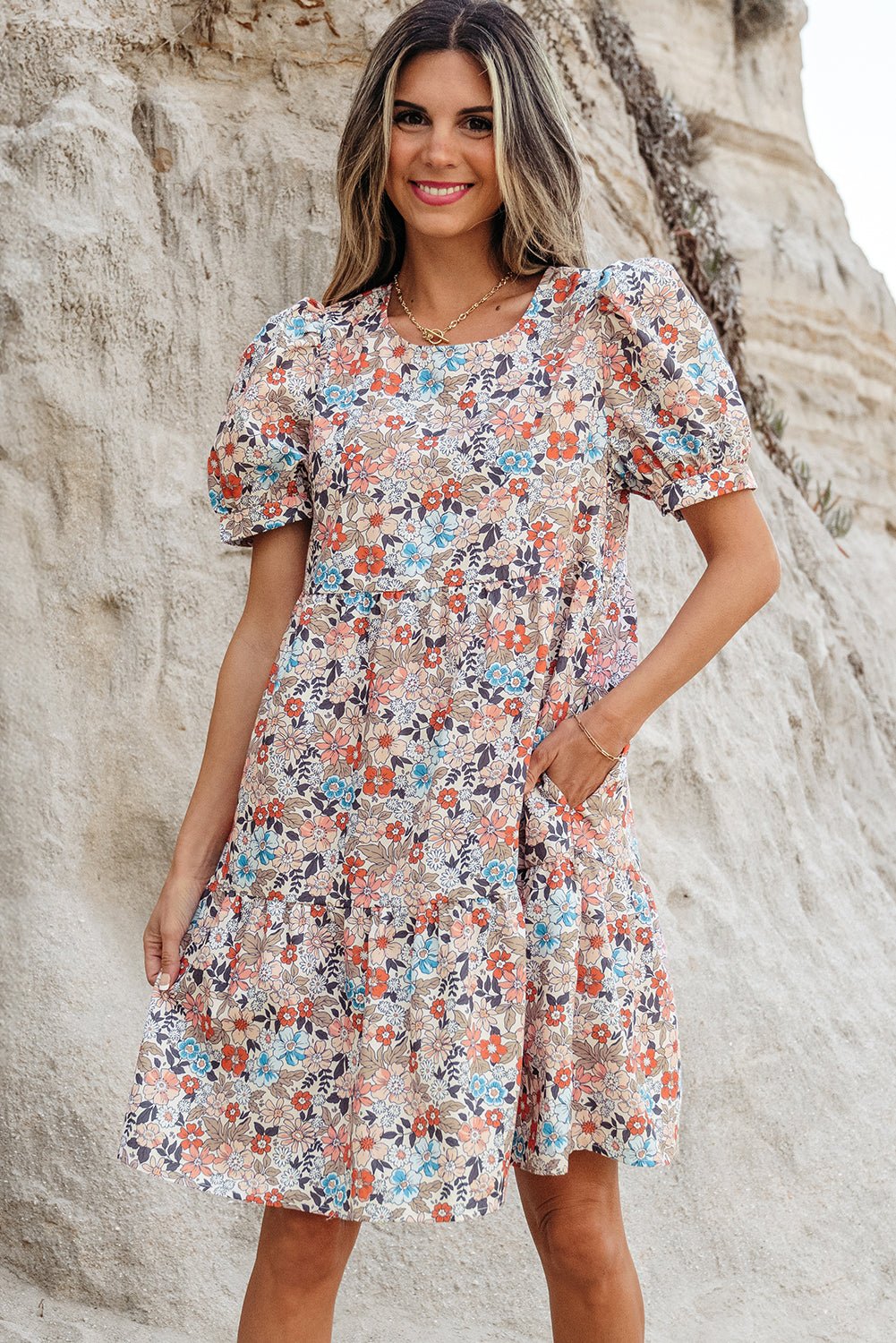 Boho Floral Short Puff Sleeve Mini Dress - Rooted & Reckless Co.