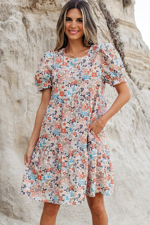 Boho Floral Short Puff Sleeve Mini Dress - Rooted & Reckless Co.
