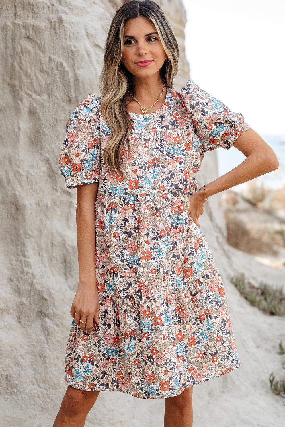 Boho Floral Short Puff Sleeve Mini Dress - Rooted & Reckless Co.