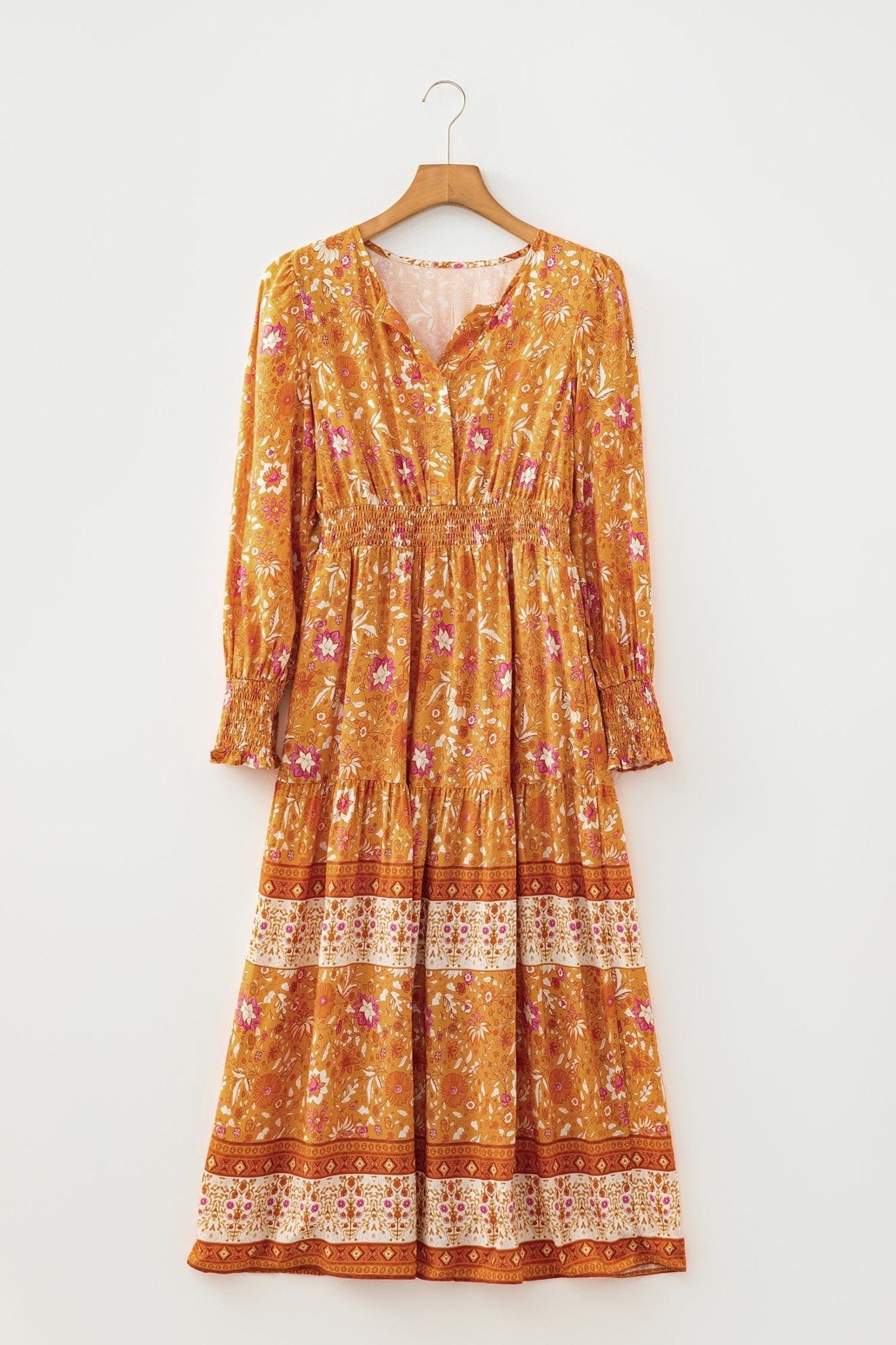 Boho Floral Smocked Waist Long Sleeve Maxi Dress - Rooted & Reckless Co.