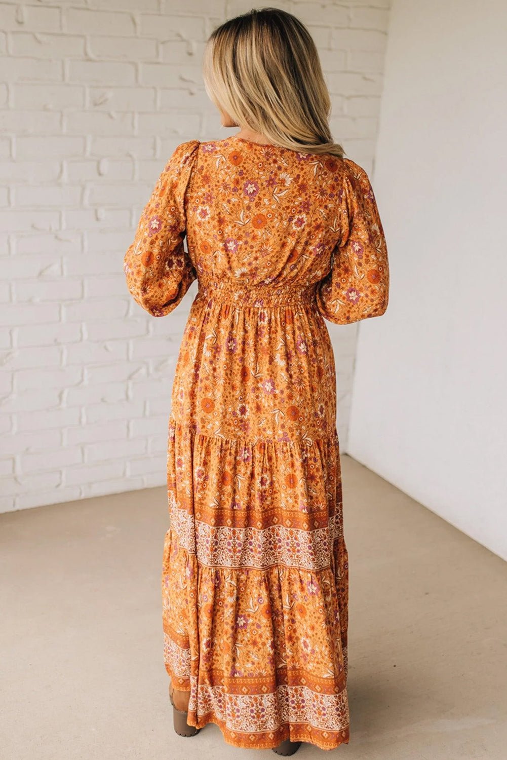 Boho Floral Smocked Waist Long Sleeve Maxi Dress - Rooted & Reckless Co.