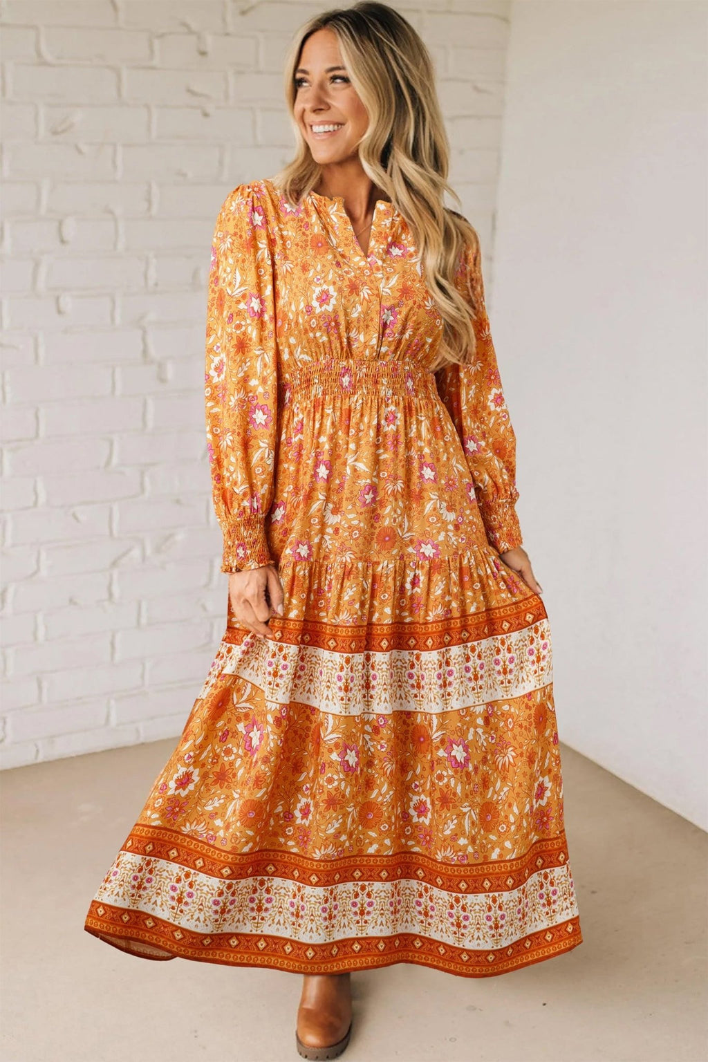 Boho Floral Smocked Waist Long Sleeve Maxi Dress - Rooted & Reckless Co.