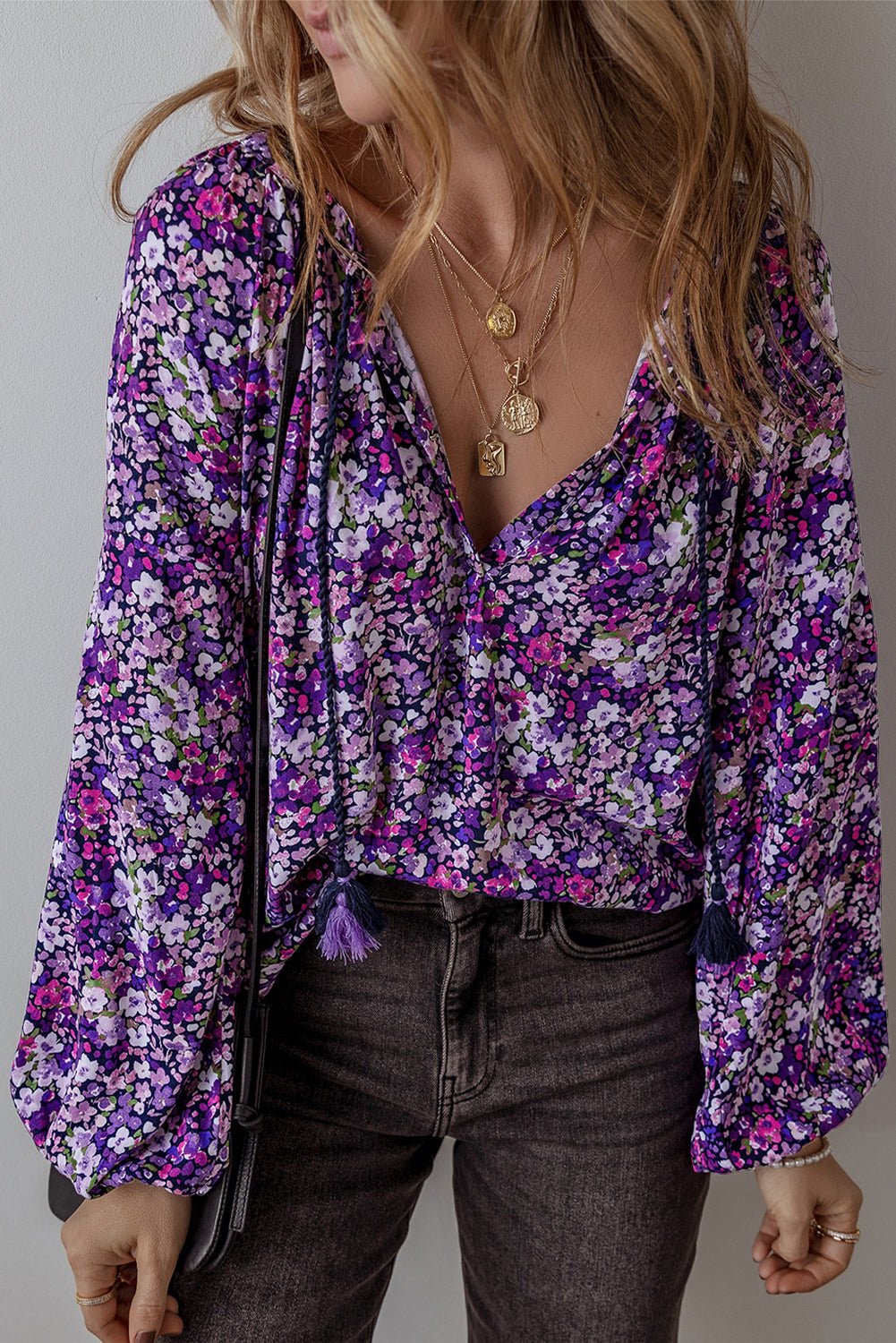 Boho Flower V-Neck Bubble Sleeve Top - Rooted & Reckless Co.