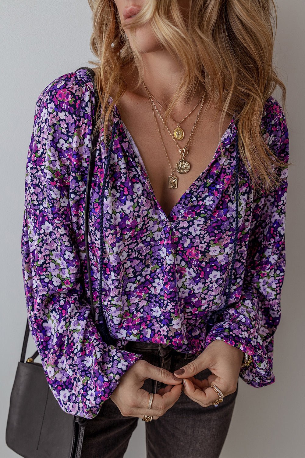 Boho Flower V-Neck Bubble Sleeve Top - Rooted & Reckless Co.