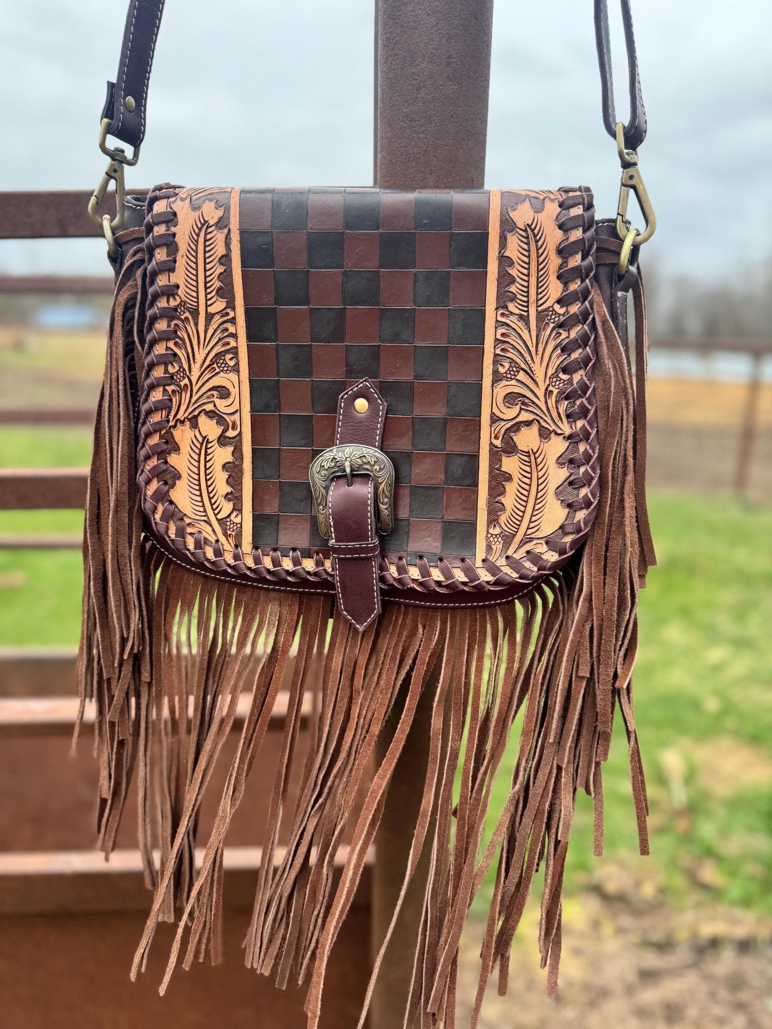 Boho Fringe Checkered Leather Western Purse by Double B - Rooted & Reckless Co.