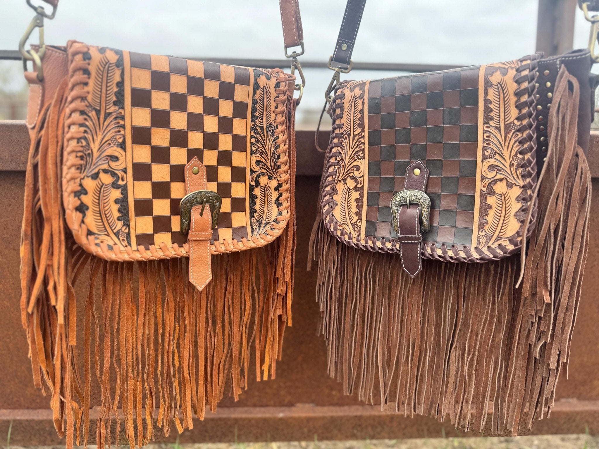 Boho Fringe Checkered Leather Western Purse by Double B - Rooted & Reckless Co.