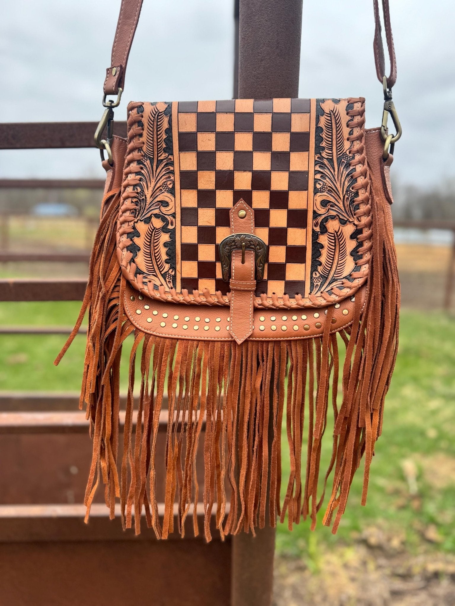 Boho Fringe Checkered Leather Western Purse by Double B - Rooted & Reckless Co.