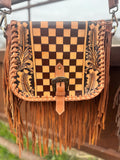 Boho Fringe Checkered Leather Western Purse by Double B - Rooted & Reckless Co.