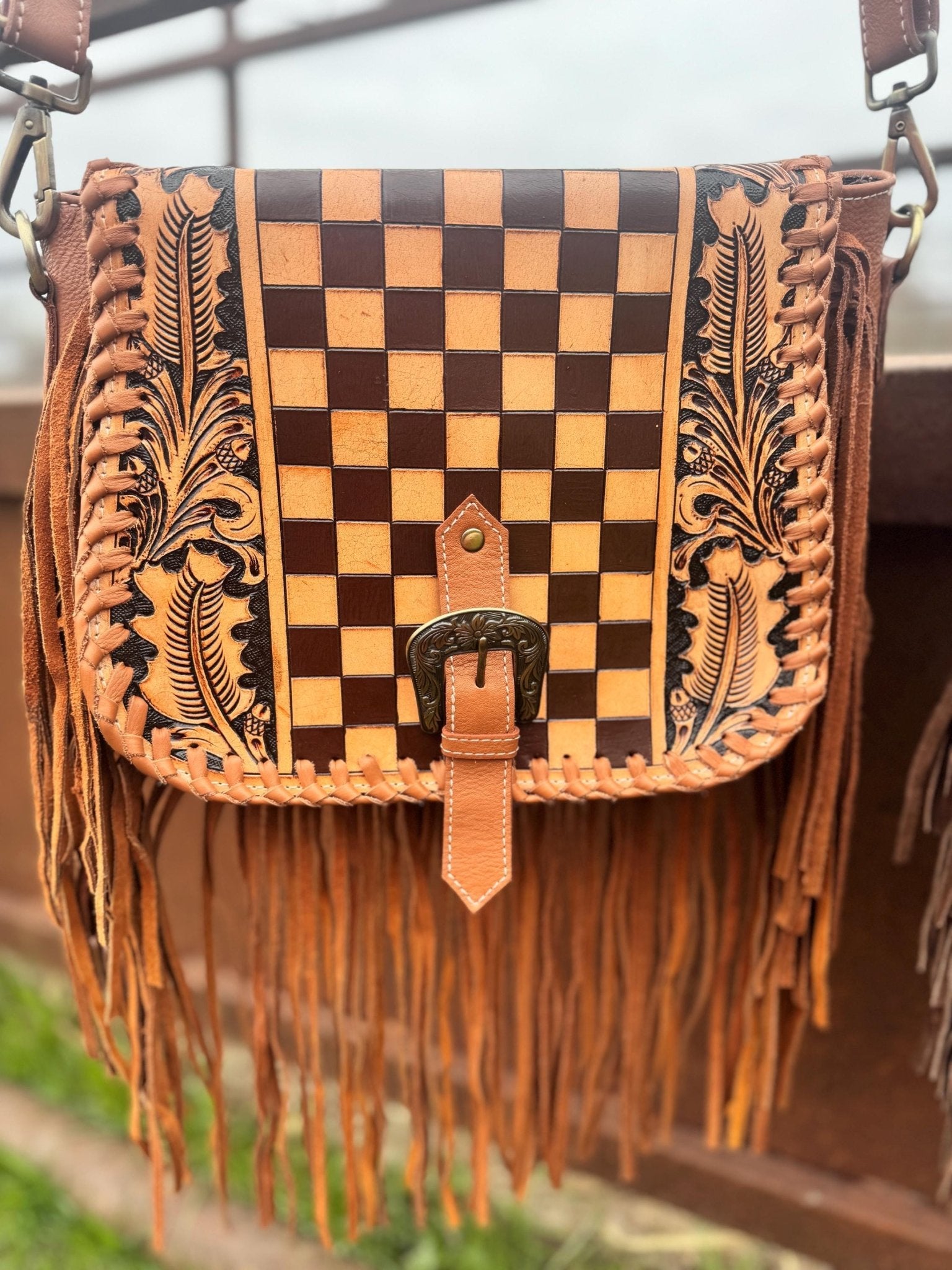 Boho Fringe Checkered Leather Western Purse by Double B - Rooted & Reckless Co.