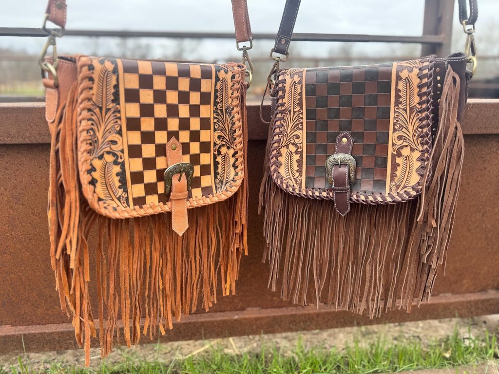 Boho Fringe Checkered Leather Western Purse by Double B - Rooted & Reckless Co.