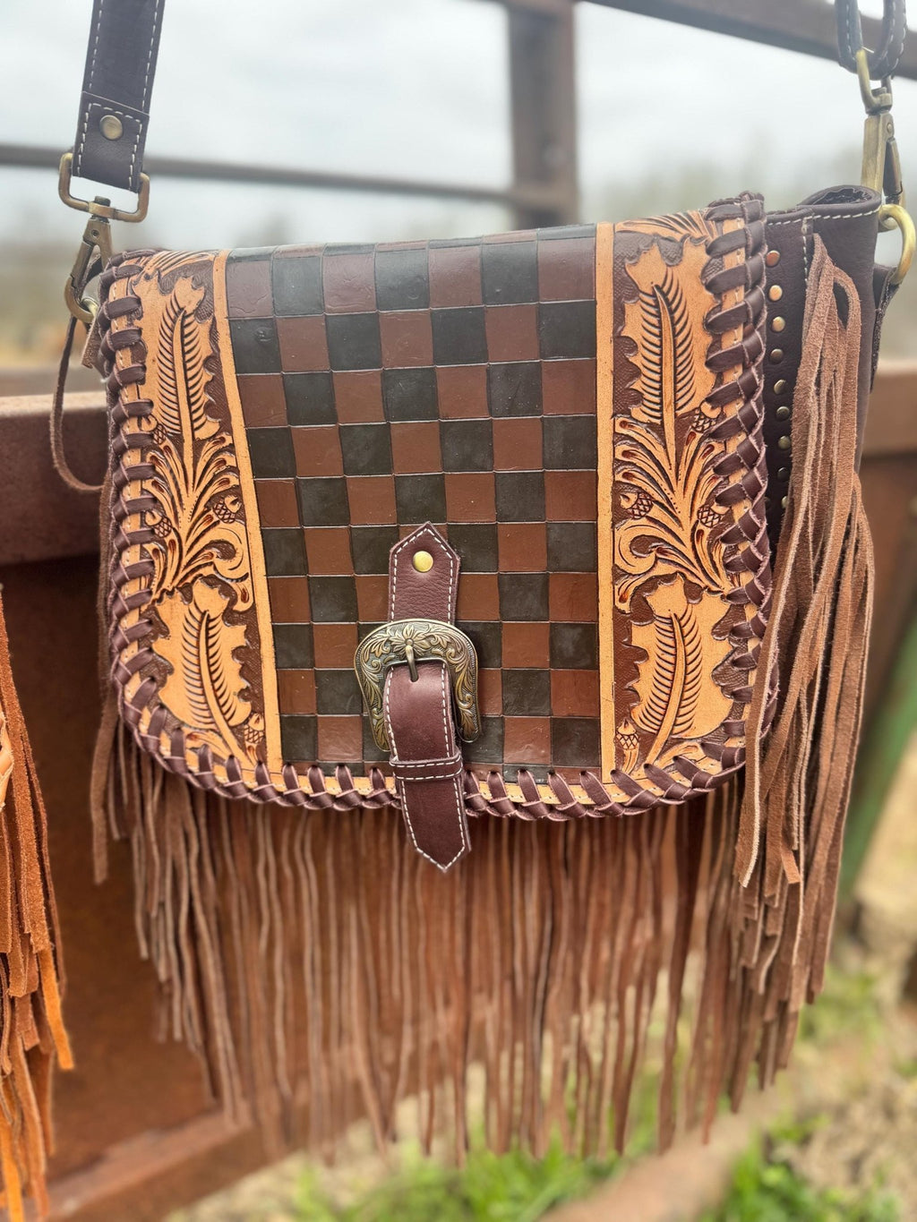 Boho Fringe Checkered Leather Western Purse by Double B - Rooted & Reckless Co.