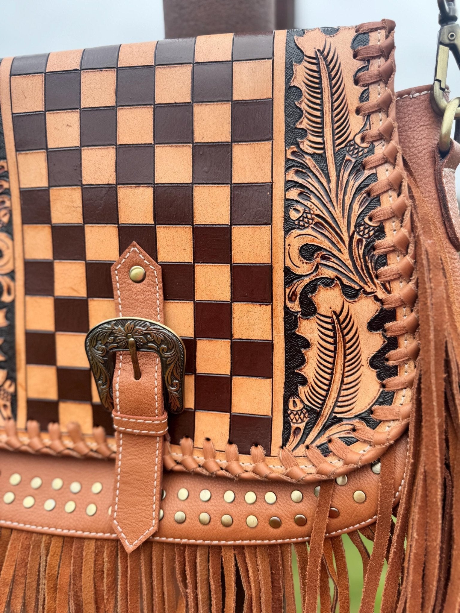 Boho Fringe Checkered Leather Western Purse by Double B - Rooted & Reckless Co.