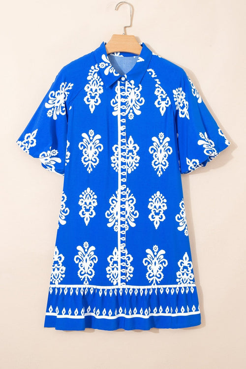 Boho Geometric Collared Button Front Mini Dress - Rooted & Reckless Co.