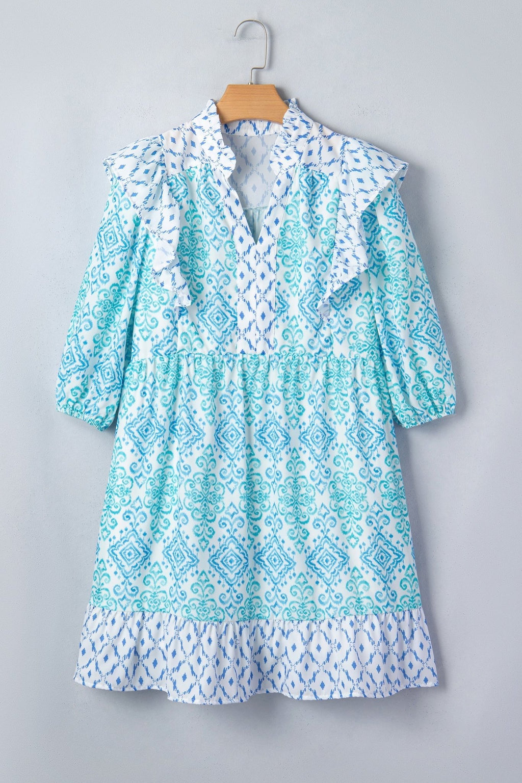 Boho Geometric Patchwork Ruffle Puff Sleeve Dress - Rooted & Reckless Co.