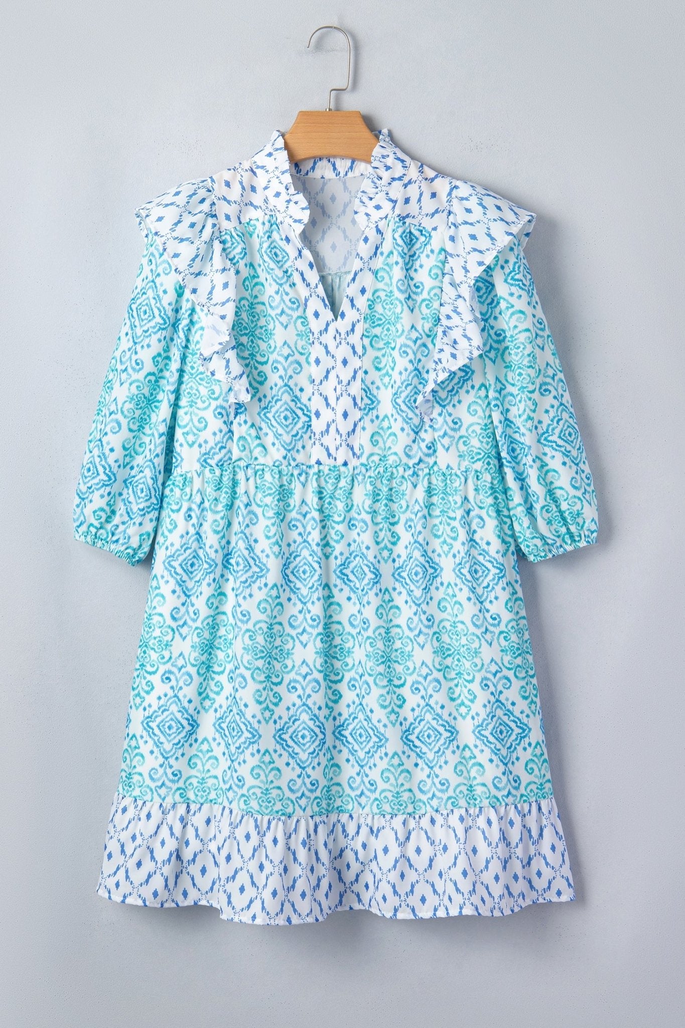 Boho Geometric Patchwork Ruffle Puff Sleeve Dress - Rooted & Reckless Co.