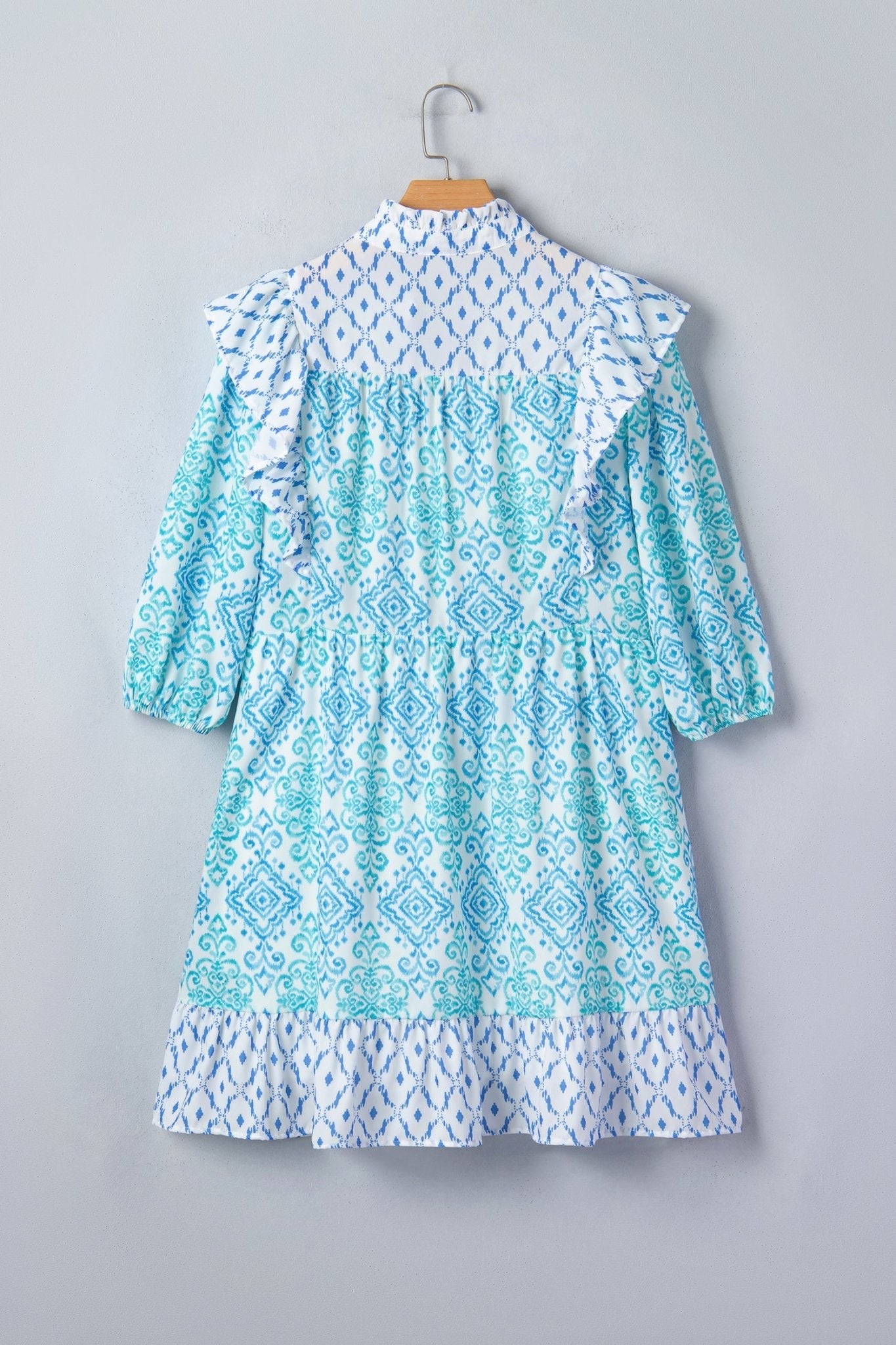 Boho Geometric Patchwork Ruffle Puff Sleeve Dress - Rooted & Reckless Co.
