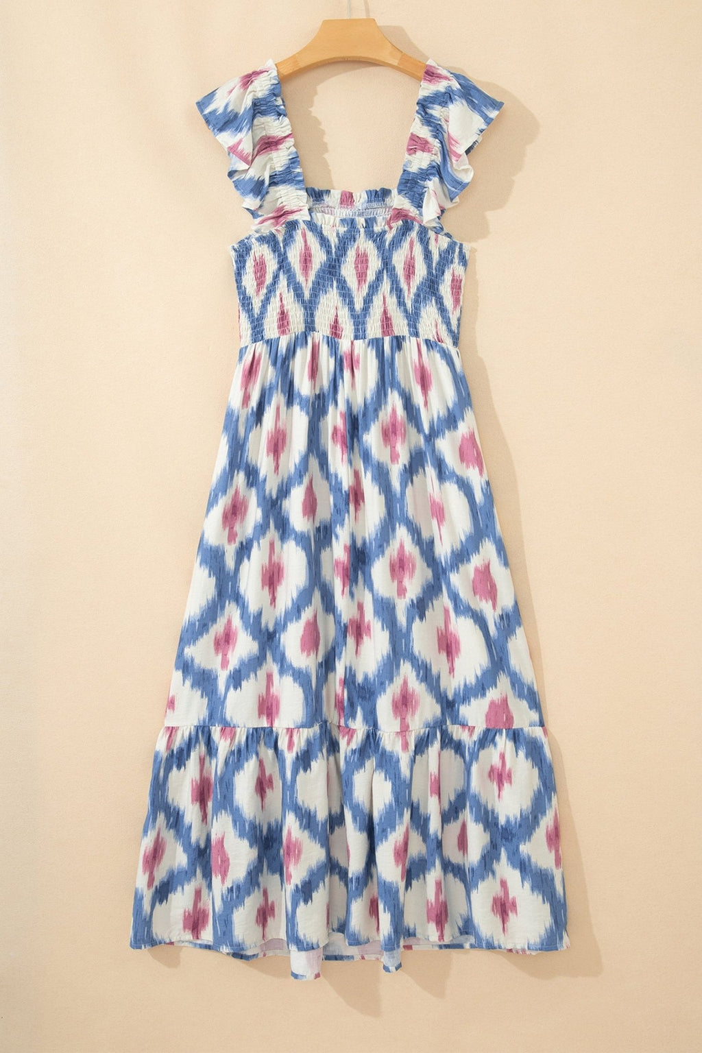 Boho Geometric Smocked Square Neck Ruffle Dress - Rooted & Reckless Co.