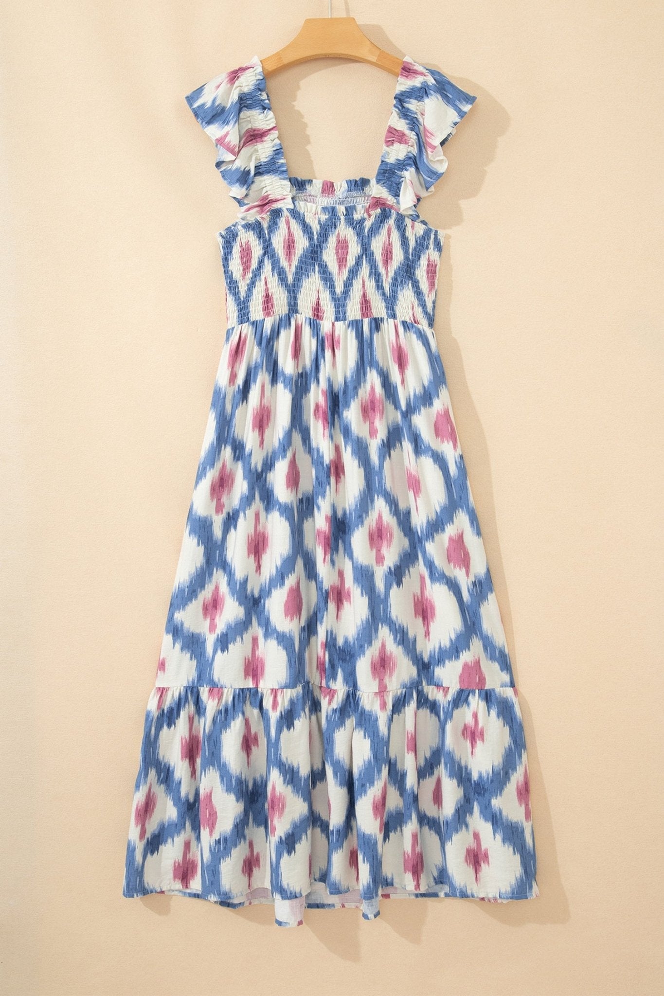 Boho Geometric Smocked Square Neck Ruffle Dress - Rooted & Reckless Co.