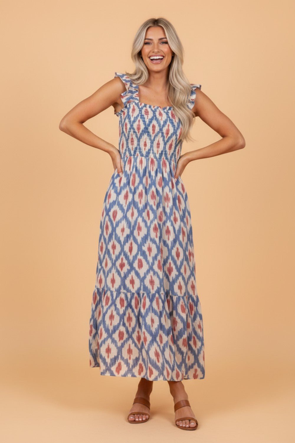 Boho Geometric Smocked Square Neck Ruffle Dress - Rooted & Reckless Co.