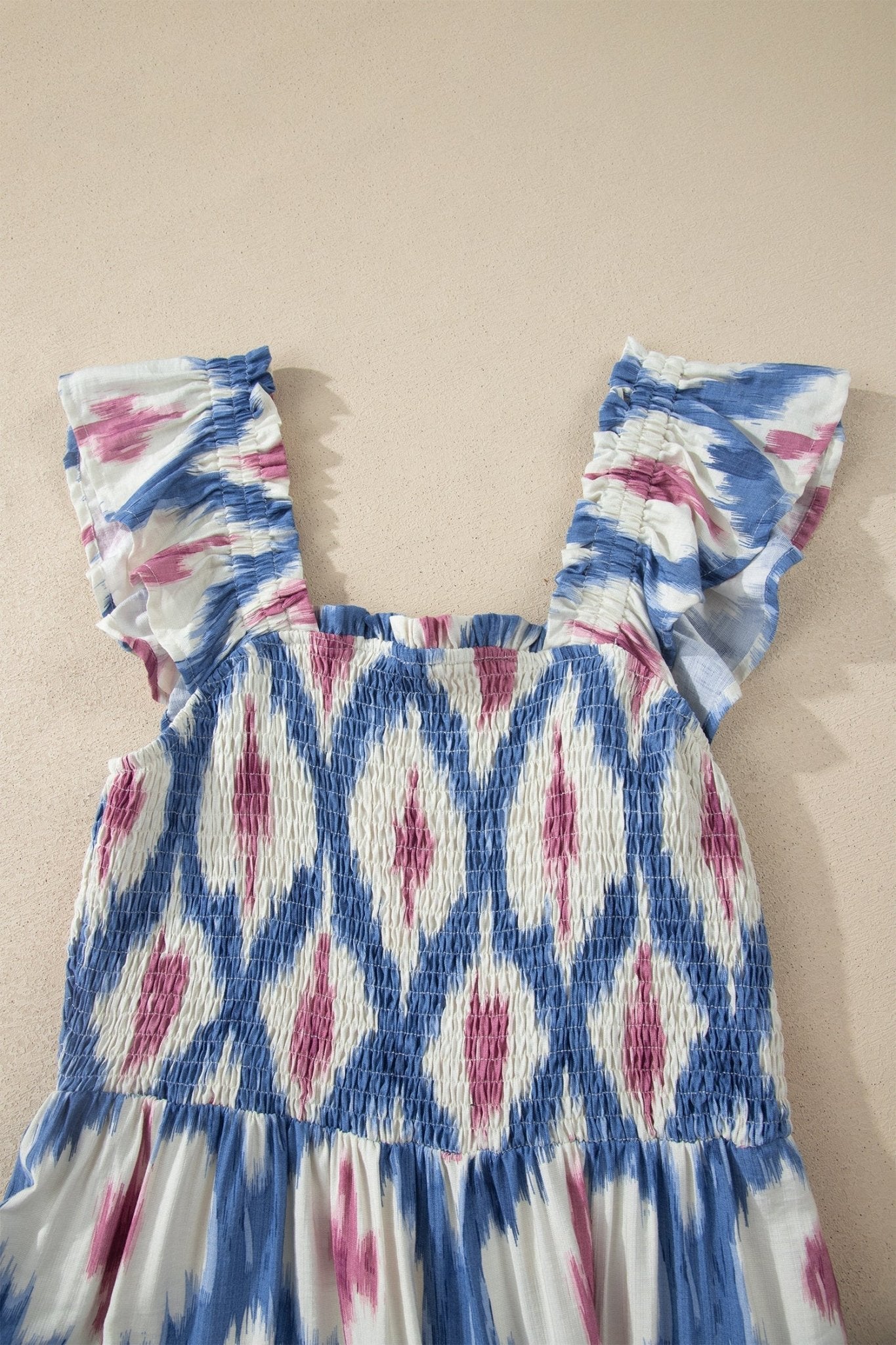 Boho Geometric Smocked Square Neck Ruffle Dress - Rooted & Reckless Co.