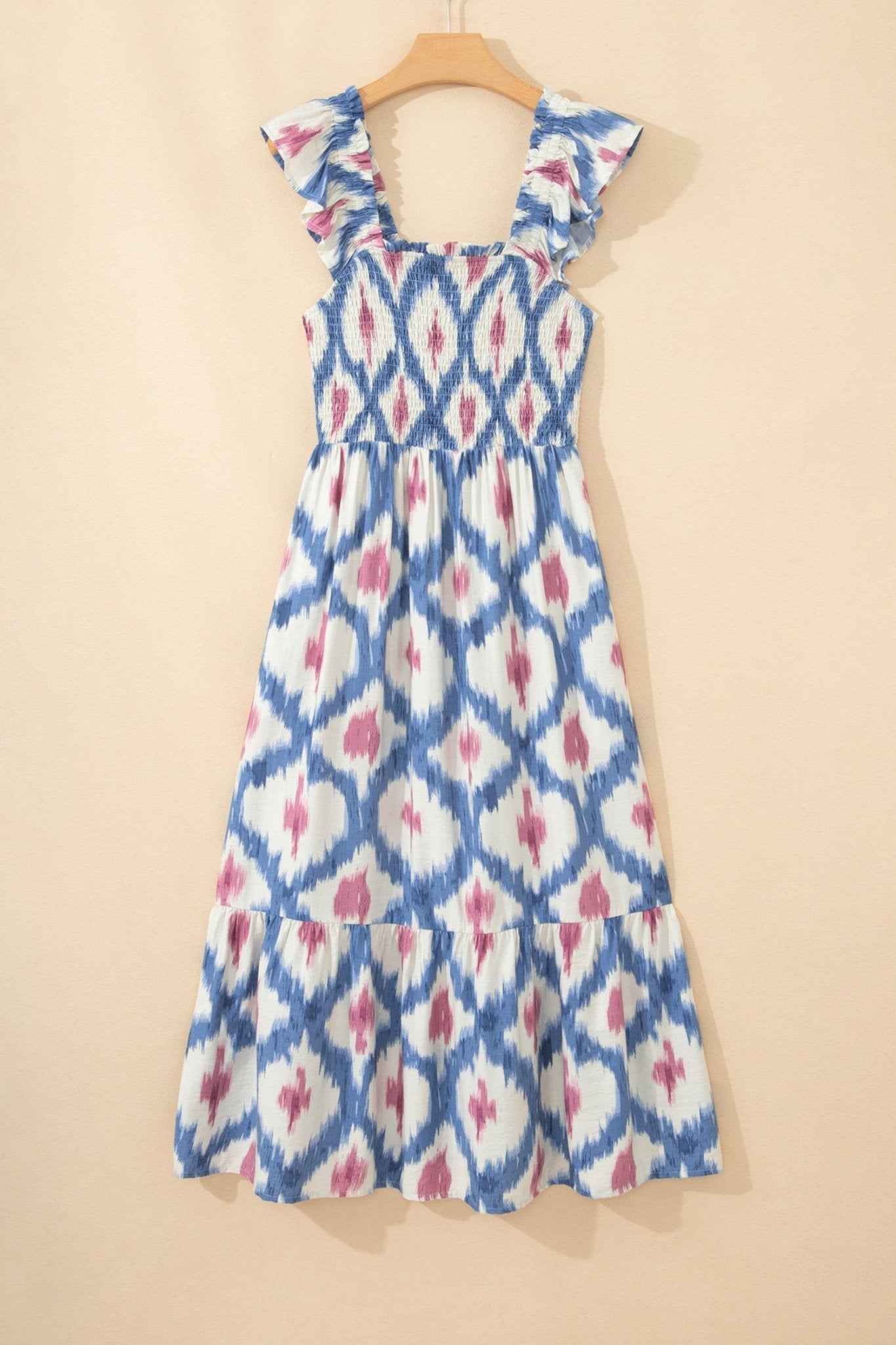 Boho Geometric Smocked Square Neck Ruffle Dress - Rooted & Reckless Co.