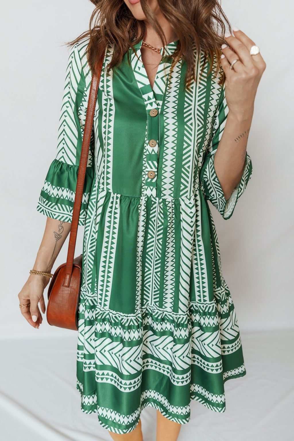 Boho Geometric Stripe Half Buttoned Dress - Rooted & Reckless Co.