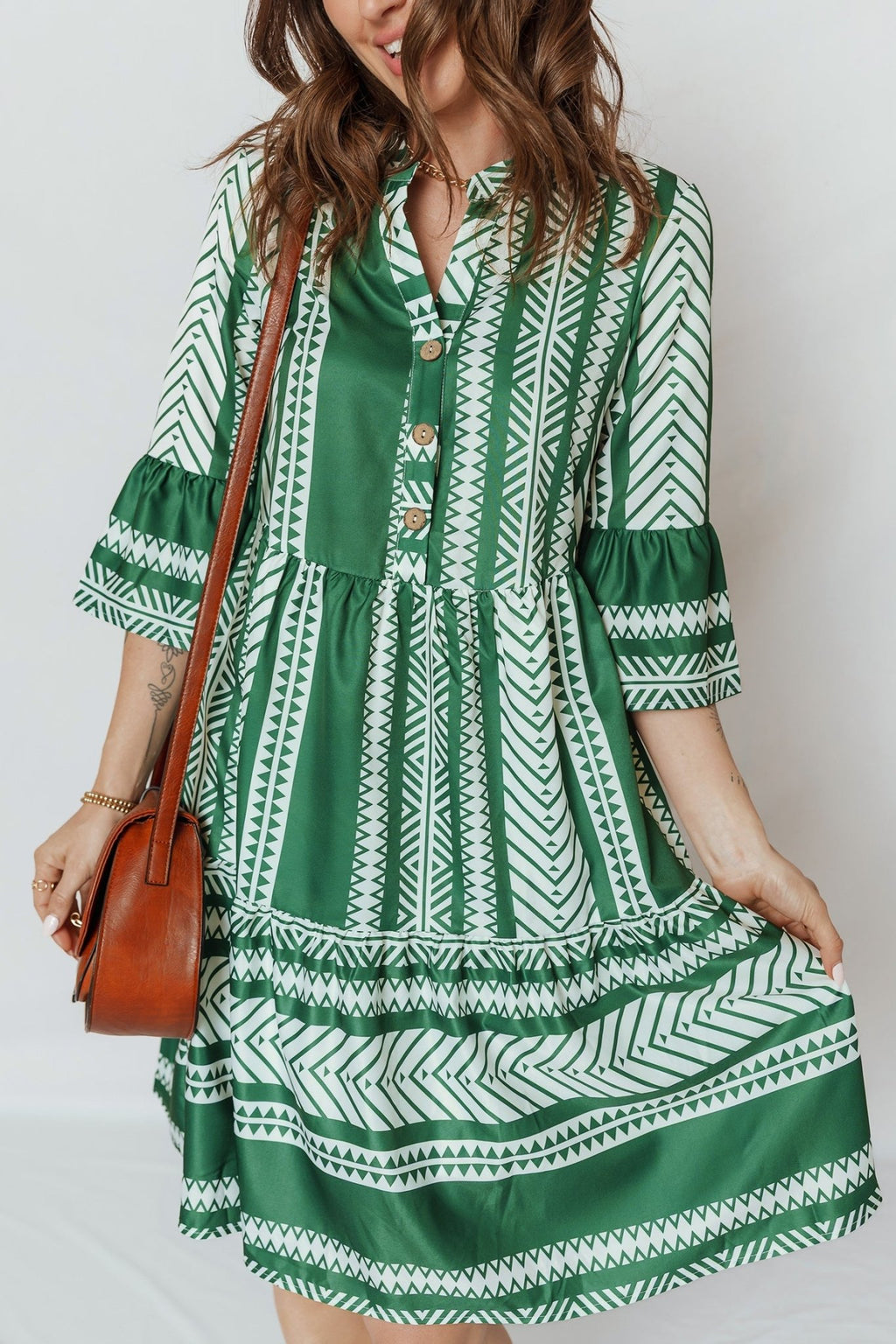 Boho Geometric Stripe Half Buttoned Dress - Rooted & Reckless Co.