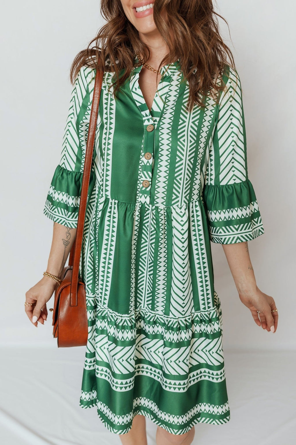 Boho Geometric Stripe Half Buttoned Dress - Rooted & Reckless Co.
