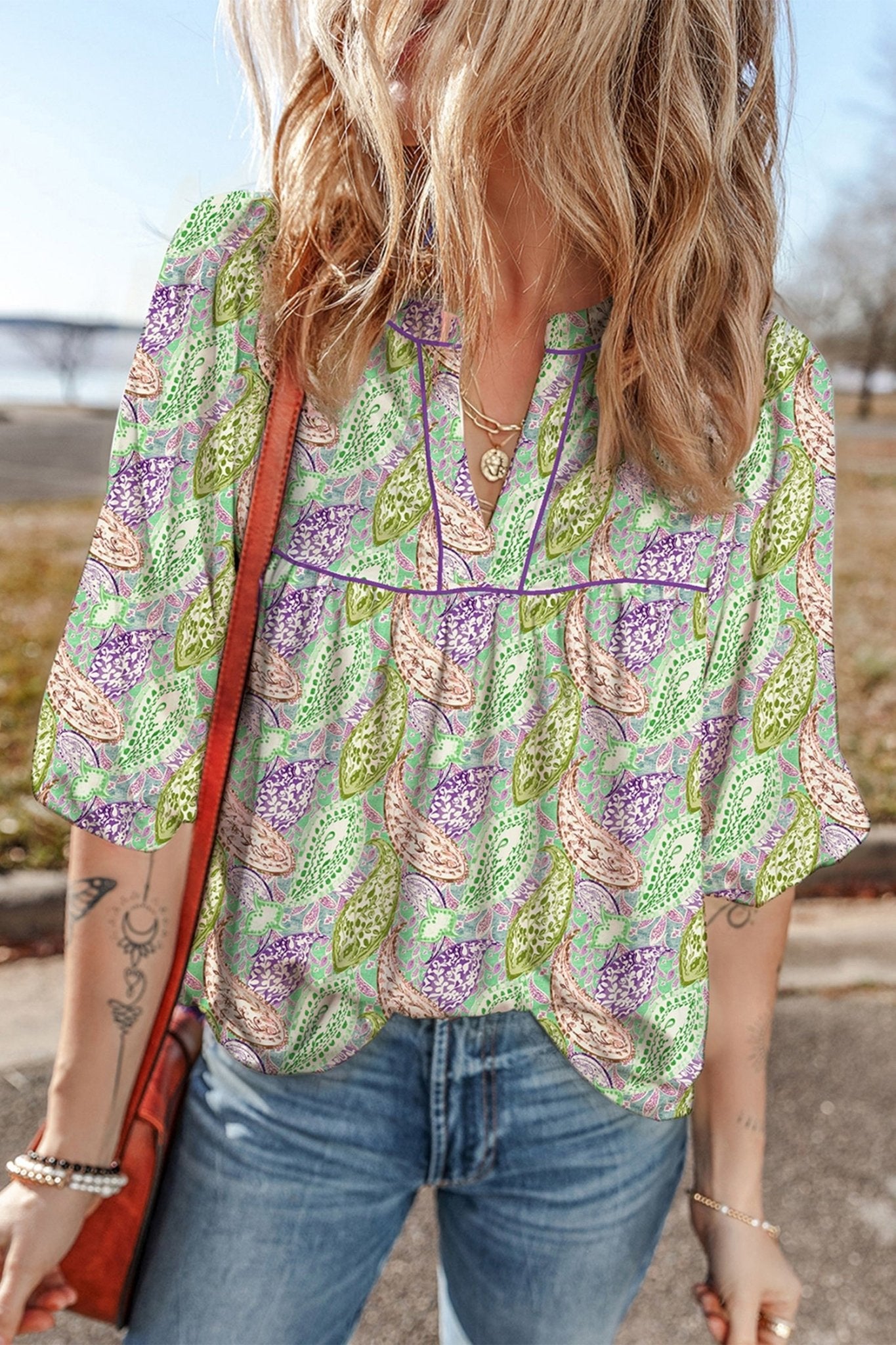 Boho Paisley Short Puff Sleeve V-Neck Blouse - Rooted & Reckless Co.