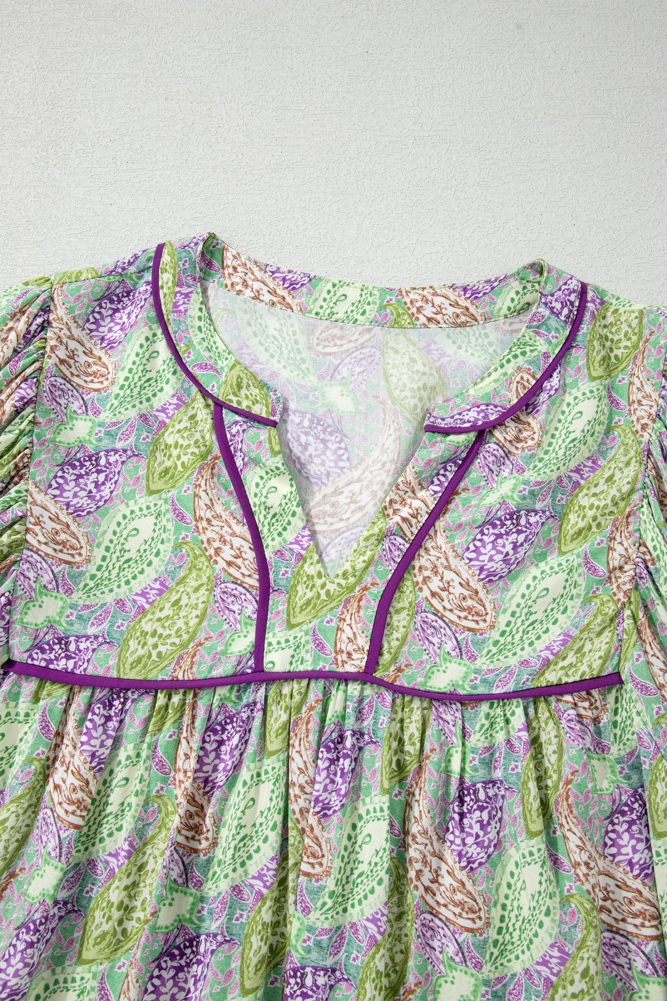 Boho Paisley Short Puff Sleeve V-Neck Blouse - Rooted & Reckless Co.