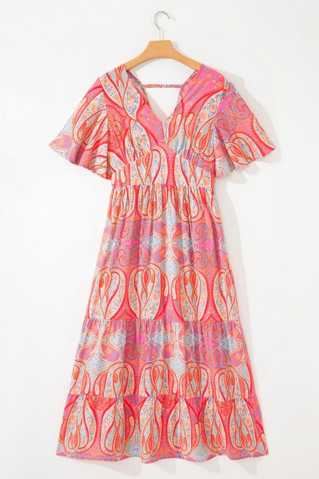 Boho Paisley V-Neck Short Sleeve Ruffle Maxi Dress - Rooted & Reckless Co.