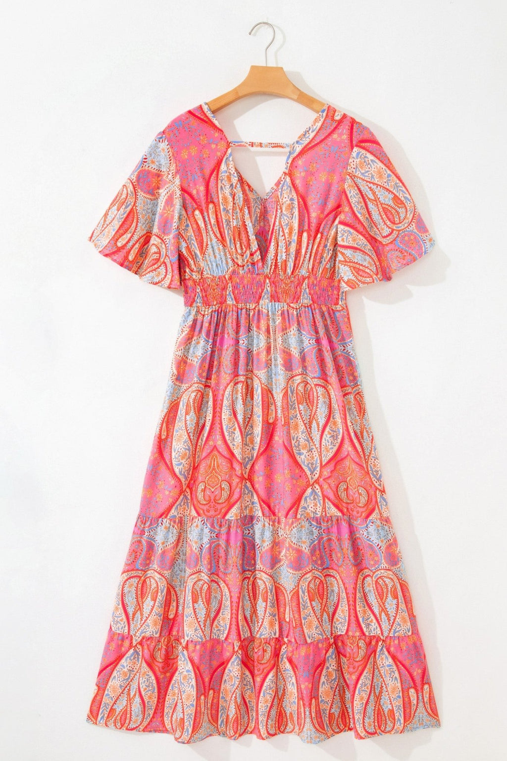 Boho Paisley V-Neck Short Sleeve Ruffle Maxi Dress - Rooted & Reckless Co.