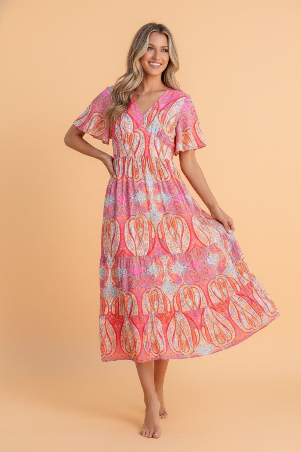 Boho Paisley V-Neck Short Sleeve Ruffle Maxi Dress - Rooted & Reckless Co.