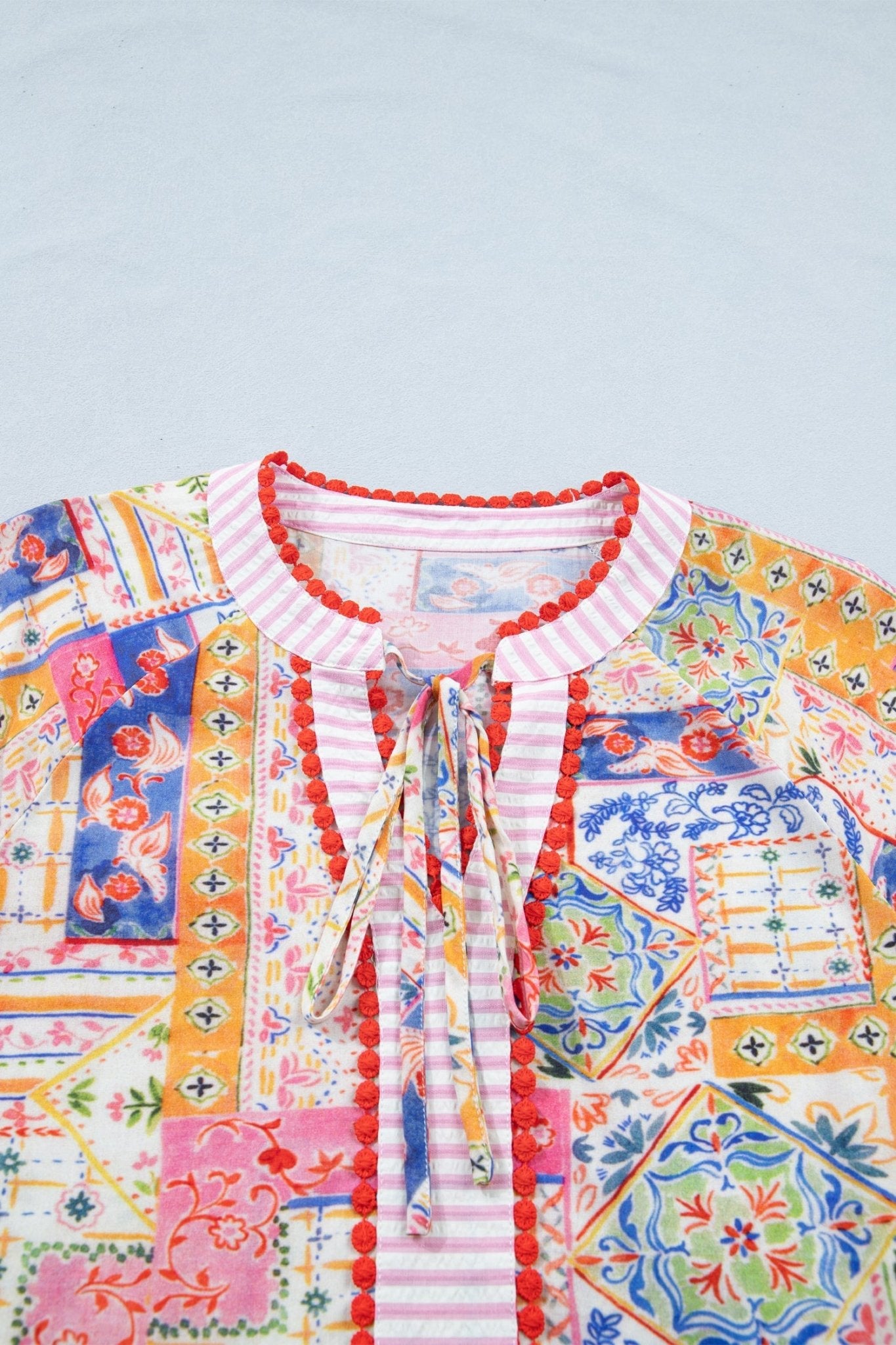 Boho Patchwork Tied V-Neck Short Sleeve Blouse - Rooted & Reckless Co.