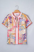 Boho Patchwork Tied V-Neck Short Sleeve Blouse - Rooted & Reckless Co.