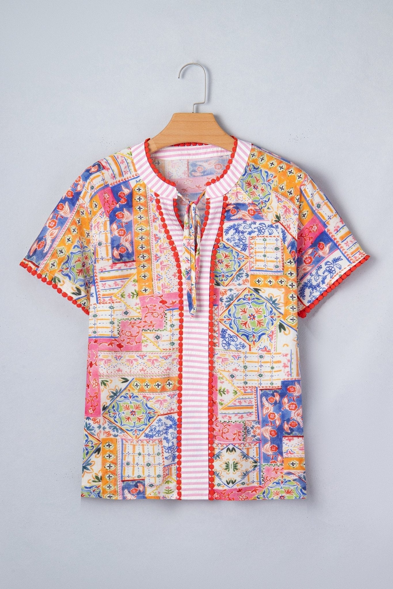 Boho Patchwork Tied V-Neck Short Sleeve Blouse - Rooted & Reckless Co.