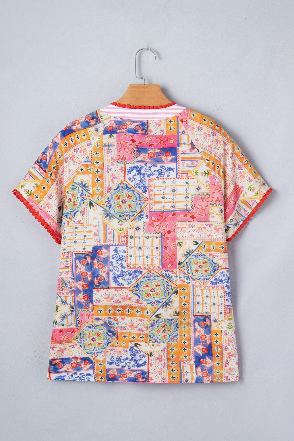 Boho Patchwork Tied V-Neck Short Sleeve Blouse - Rooted & Reckless Co.