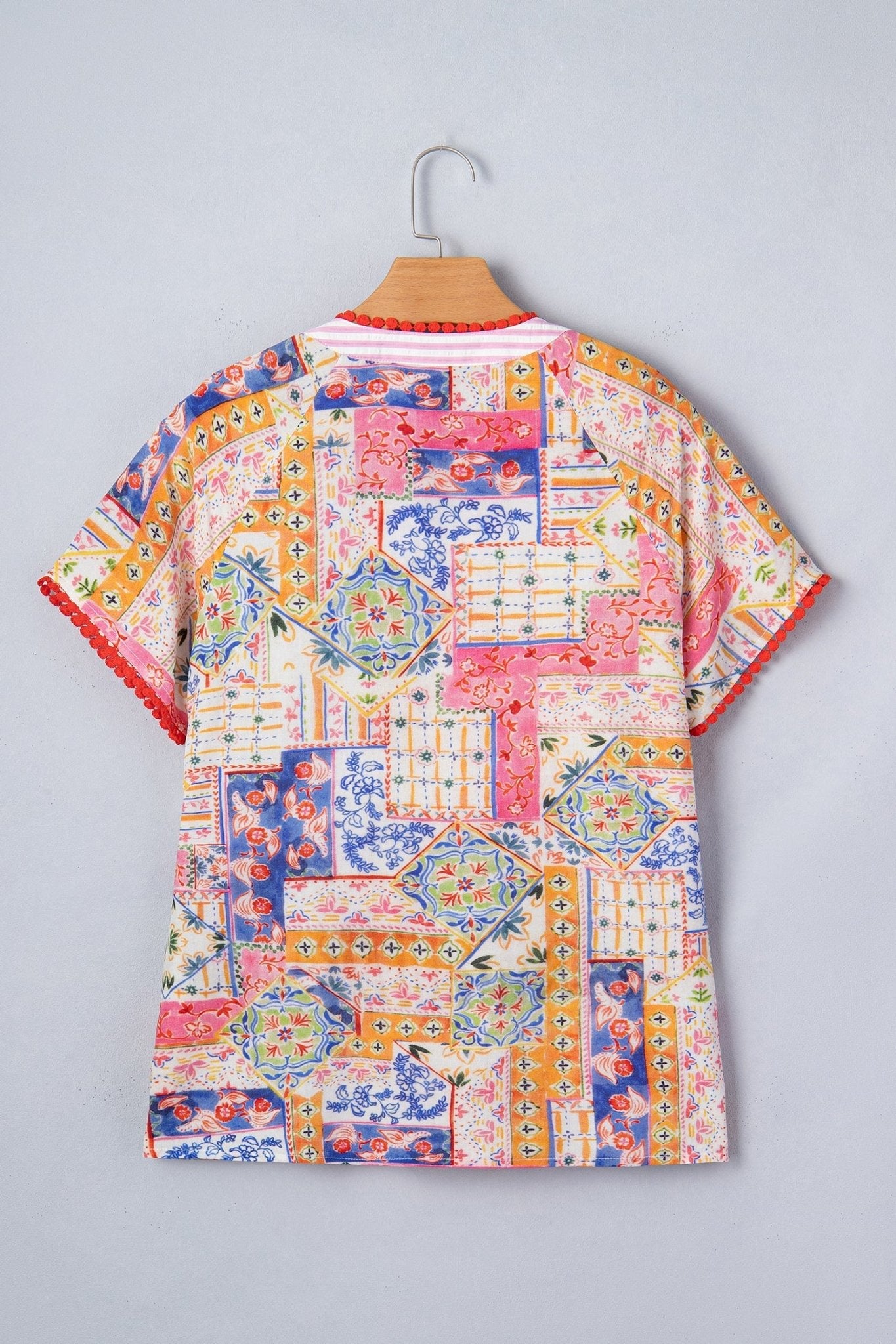 Boho Patchwork Tied V-Neck Short Sleeve Blouse - Rooted & Reckless Co.
