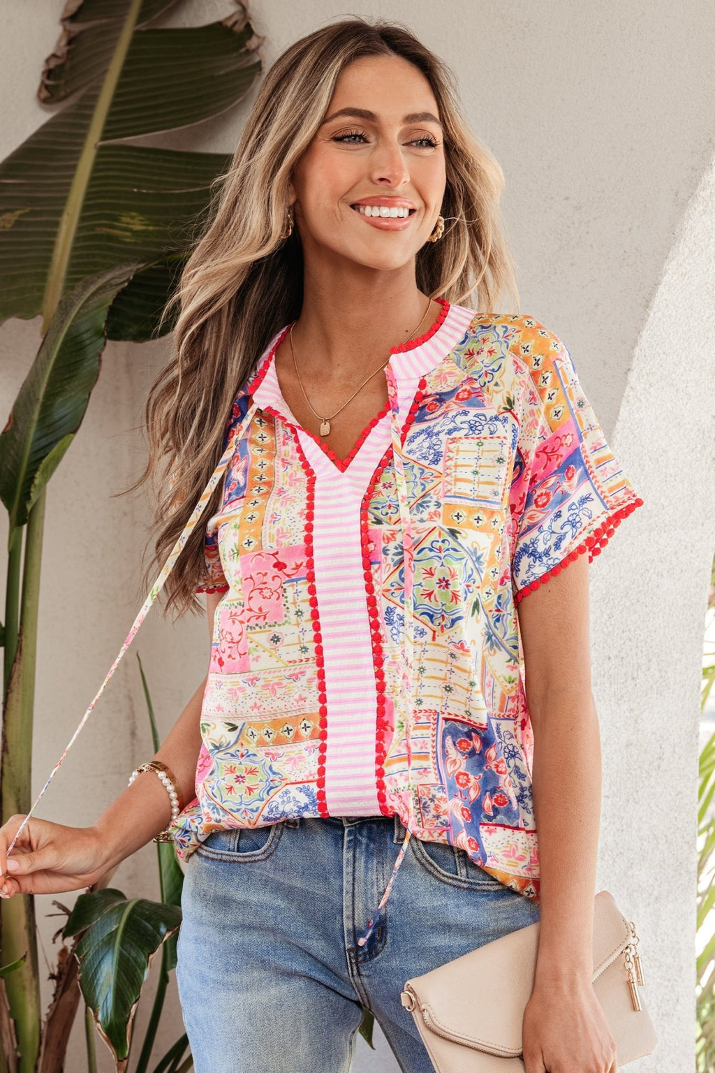 Boho Patchwork Tied V-Neck Short Sleeve Blouse - Rooted & Reckless Co.