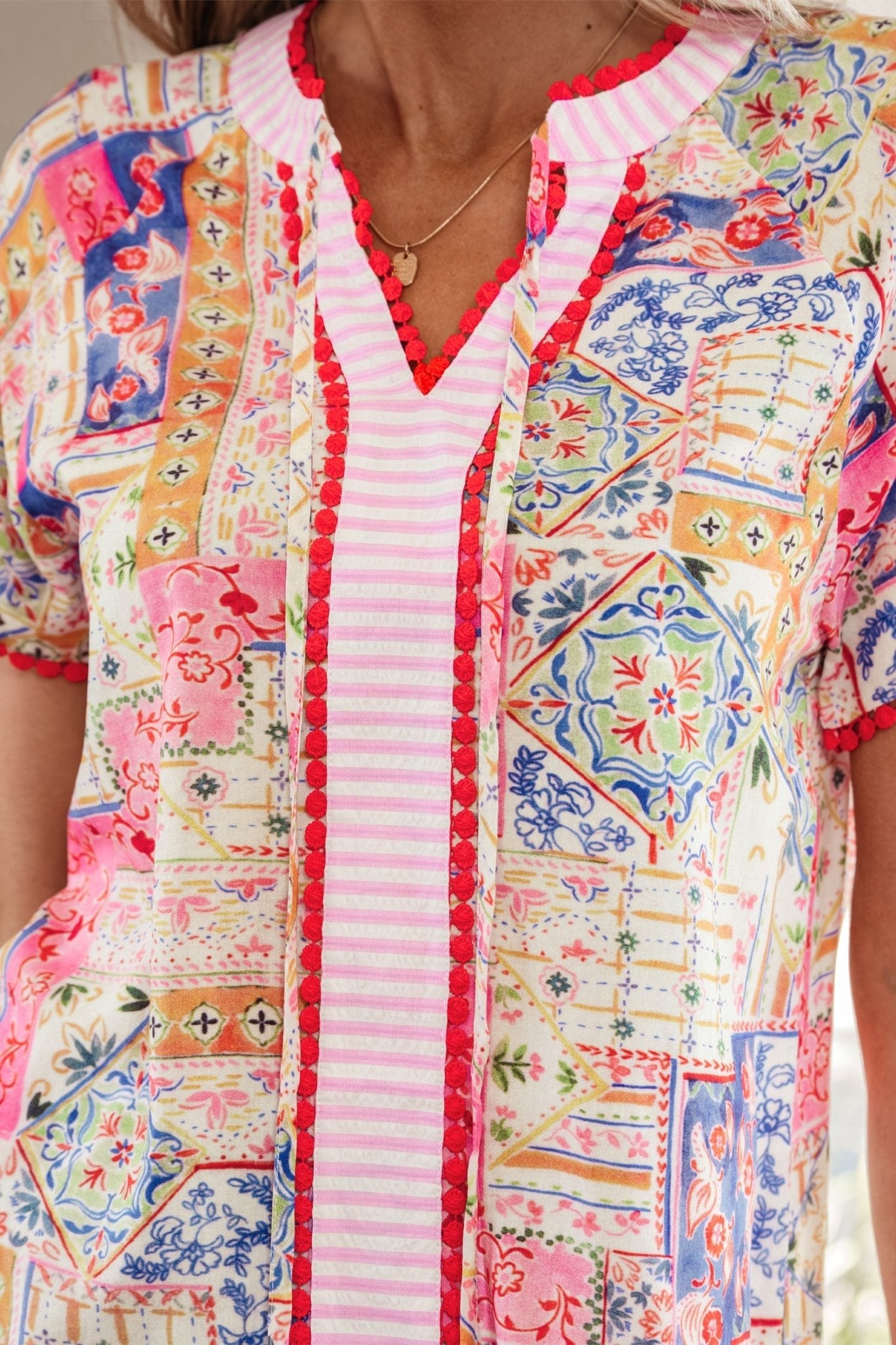 Boho Patchwork Tied V-Neck Short Sleeve Blouse - Rooted & Reckless Co.